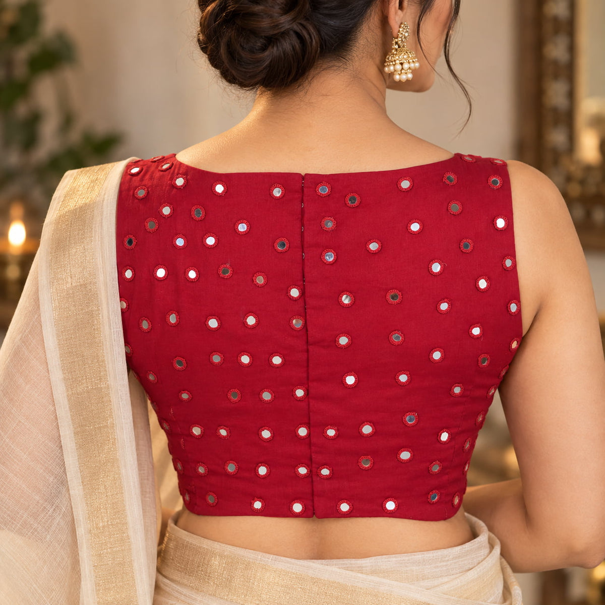 Red Mirror Work High Neck Blouse