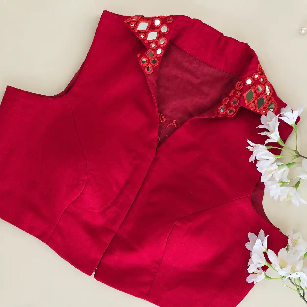 Red Mirror Work Collar Blouse