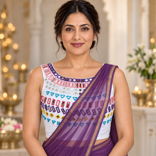 White Multi Mirror Work High Neck Blouse