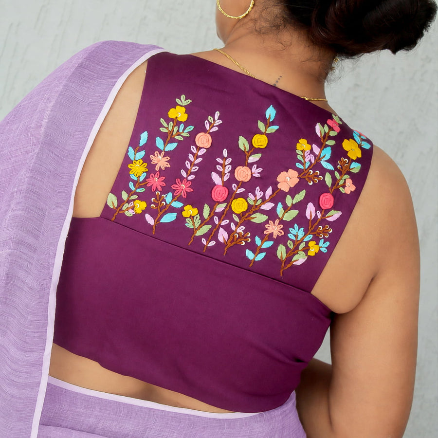 Wine Cotton Silk Hand Embroidered Racer Neck Blouse