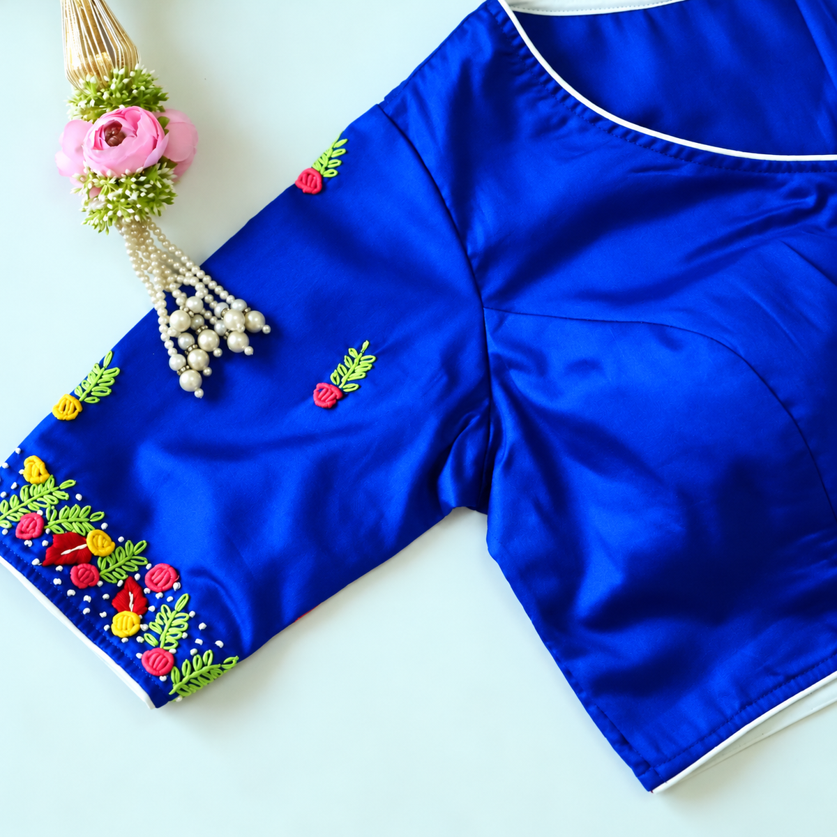 Neel Royal Blue Floral Embroidered Blouse