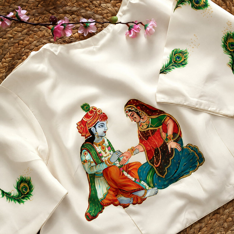 Radha Krishna Hand Painted Off White Silk Blouse