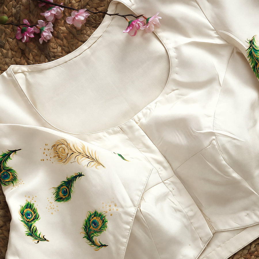 Radha Krishna Hand Painted Off White Silk Blouse