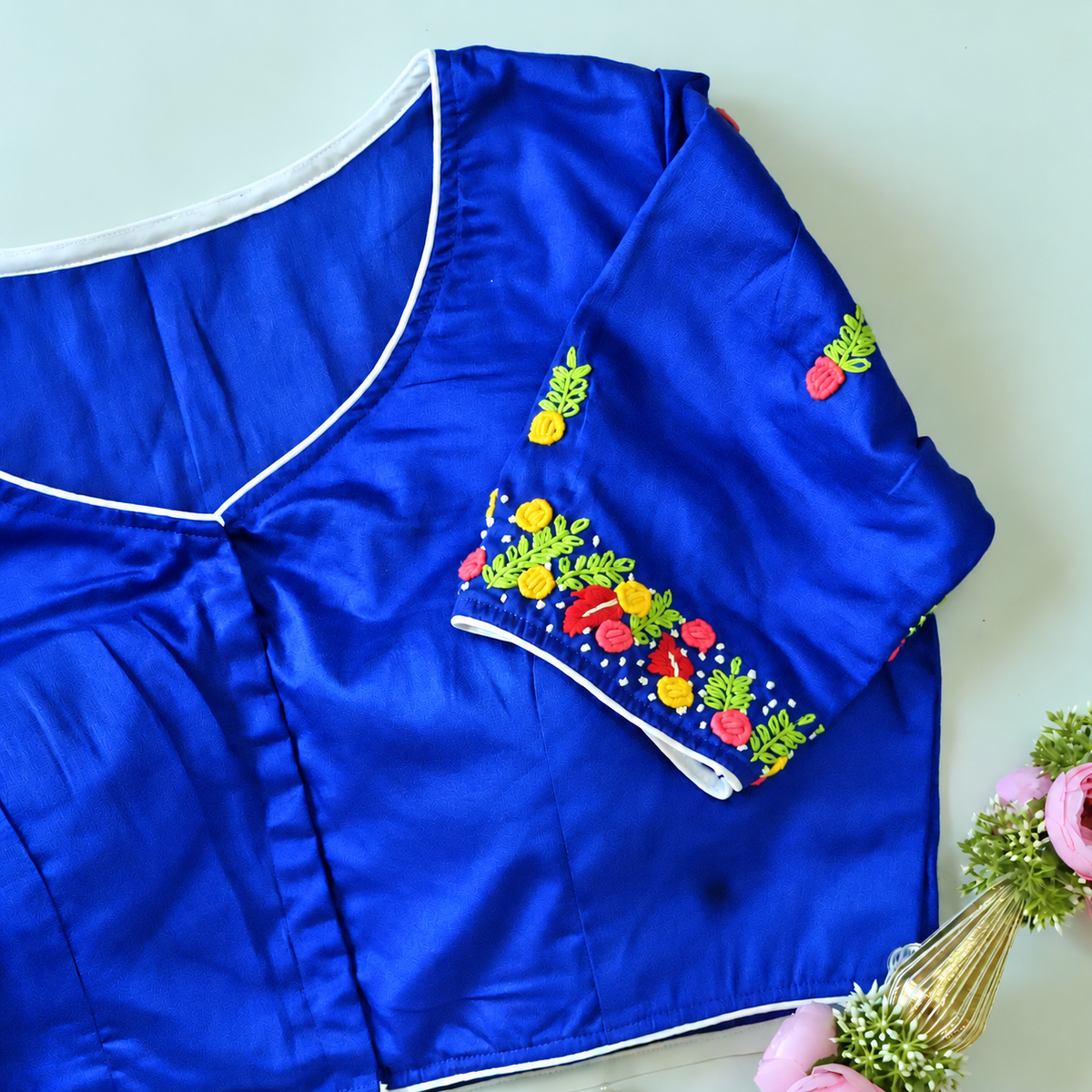Neel Royal Blue Floral Embroidered Blouse