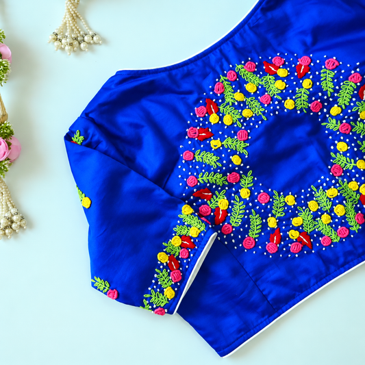 Neel Royal Blue Floral Embroidered Blouse