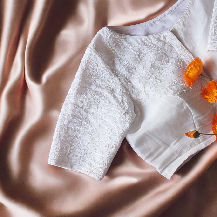 White Chikankari  Beads work Blouse