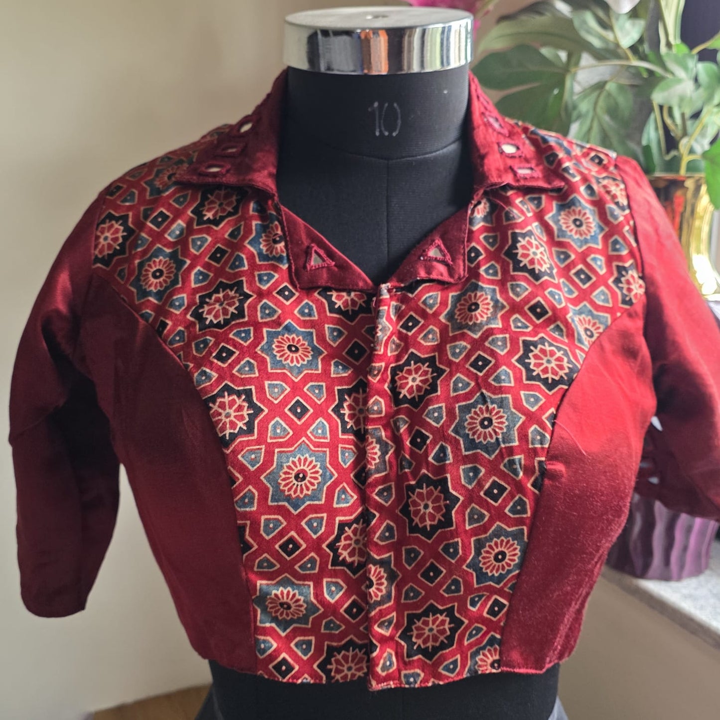 Maroon Ajrakh Mirror Work Blouse