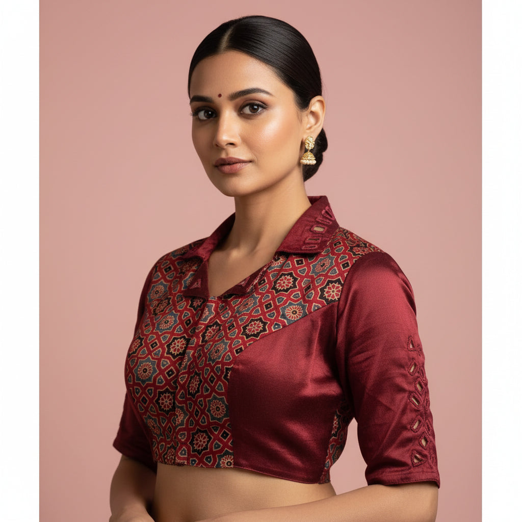Maroon Ajrakh Mirror Work Blouse