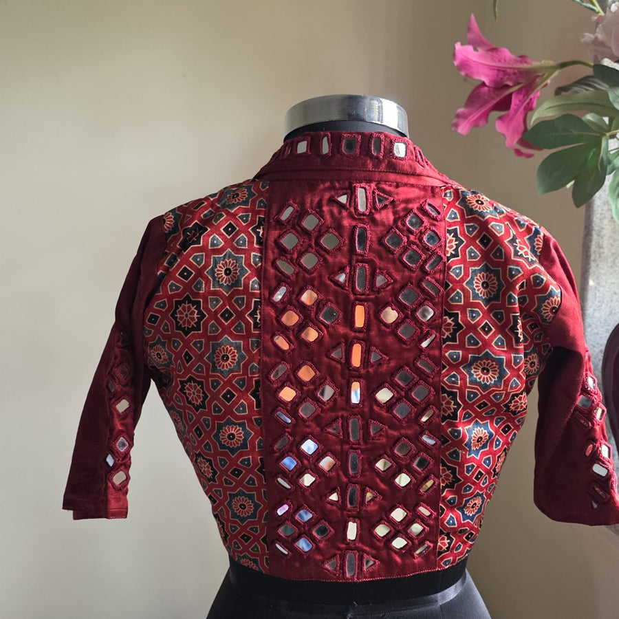 Maroon Ajrakh Mirror Work Blouse