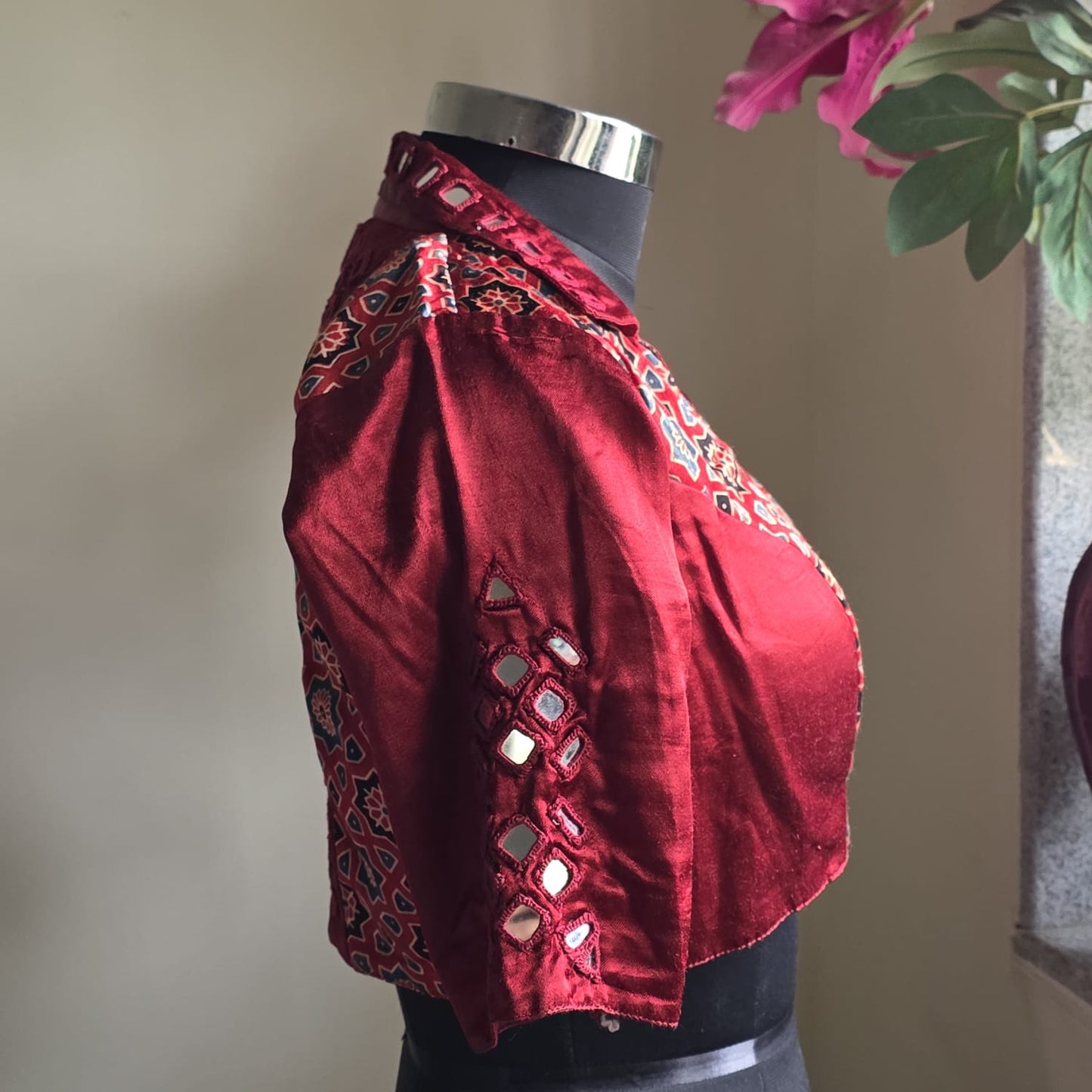 Maroon Ajrakh Mirror Work Blouse
