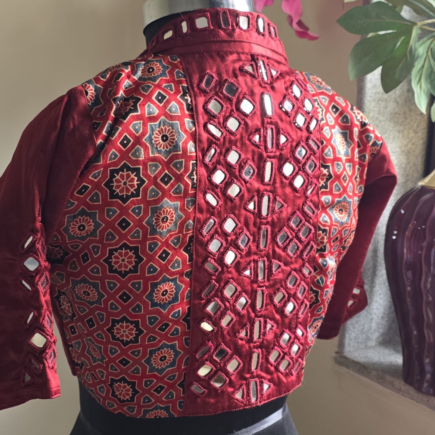 Maroon Ajrakh Mirror Work Blouse