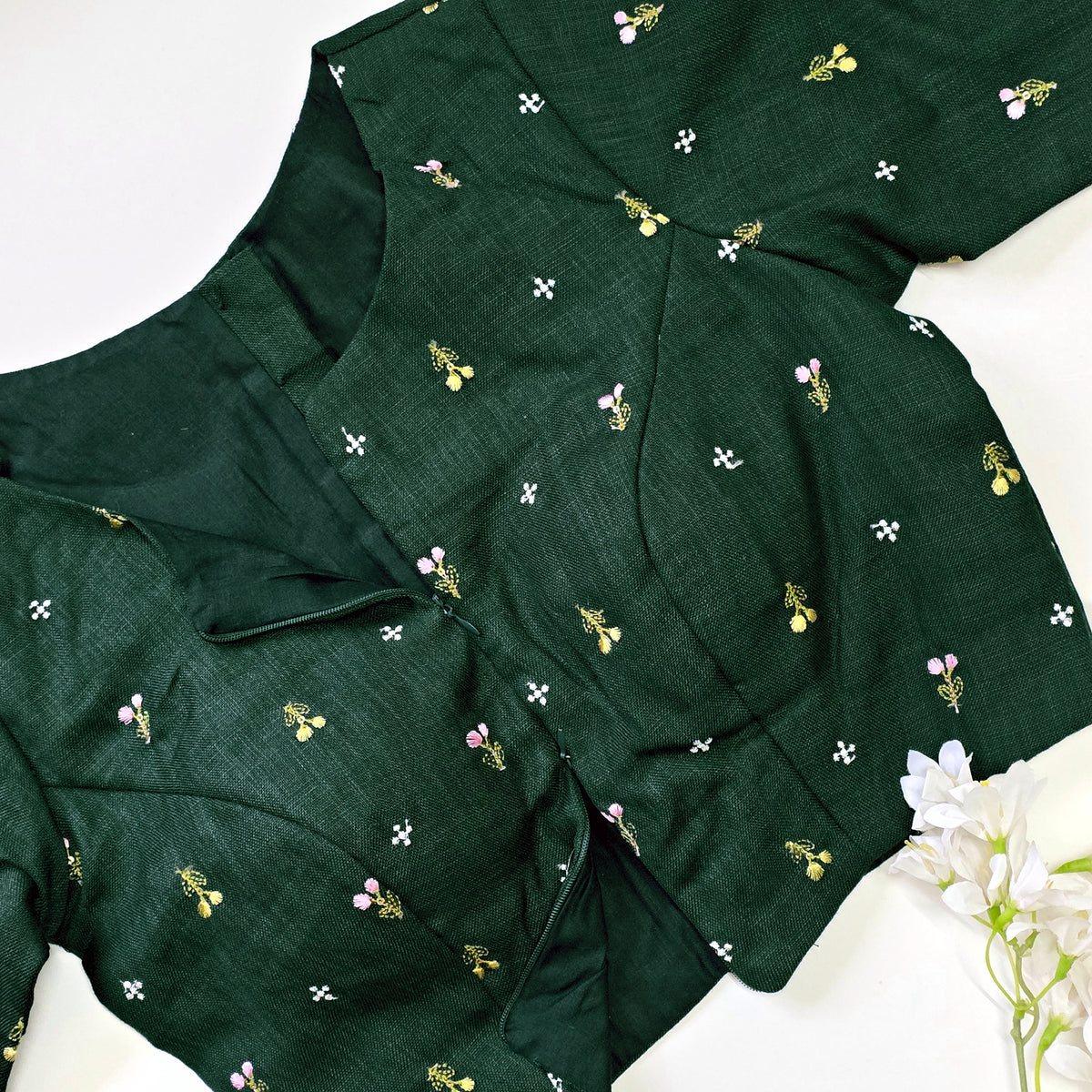 Bottle Green Linen Cotton Embroidered Blouse