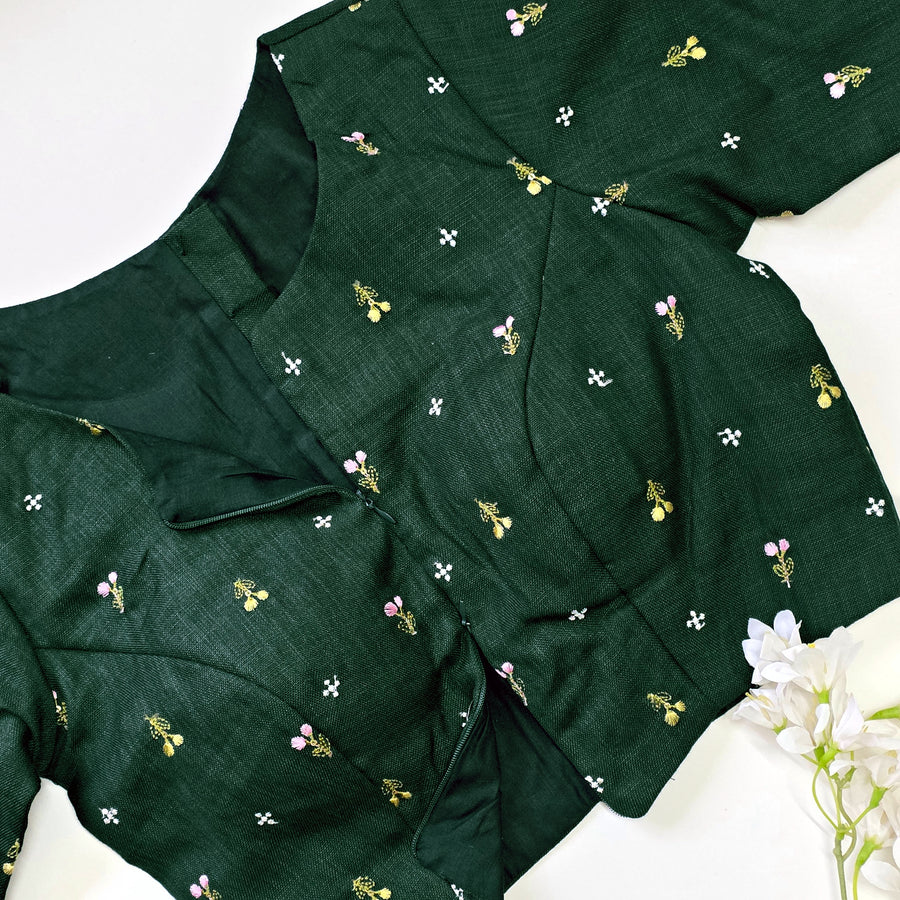 Bottle Green Linen Cotton Embroidered Blouse