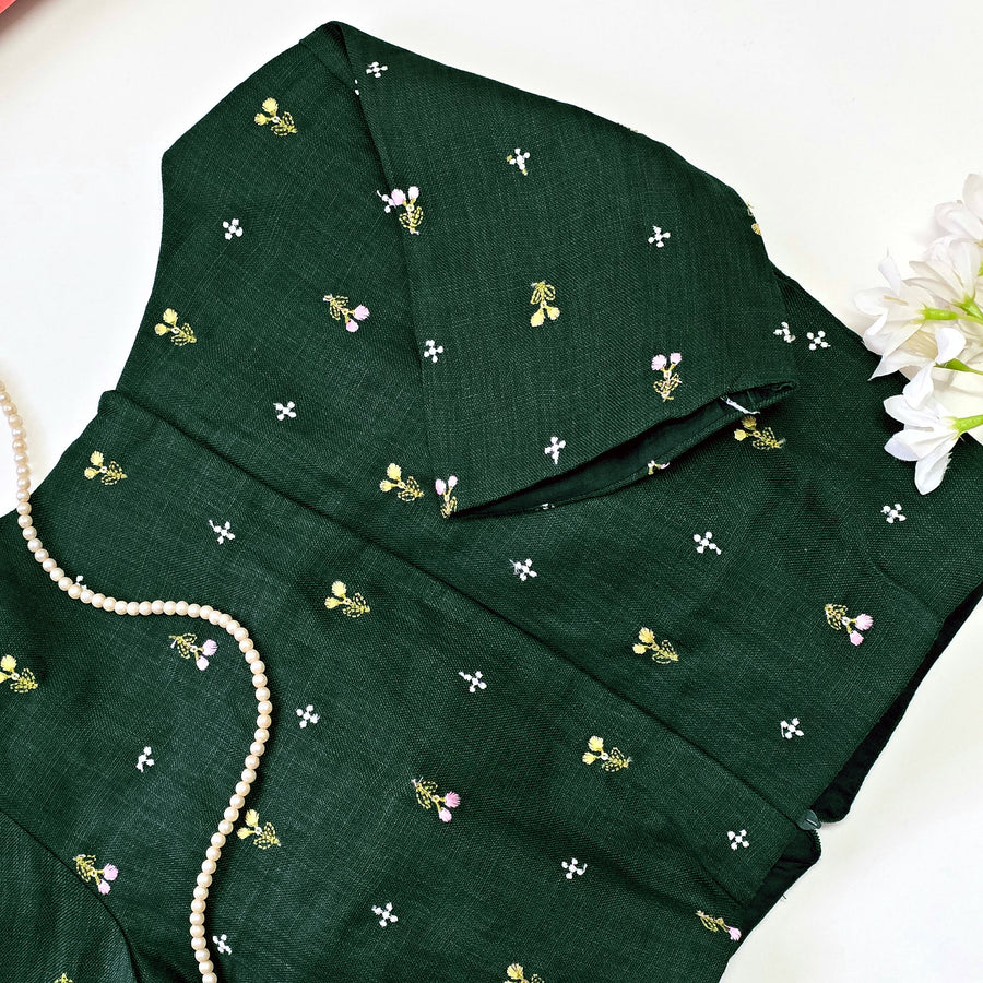 Bottle Green Linen Cotton Embroidered Blouse