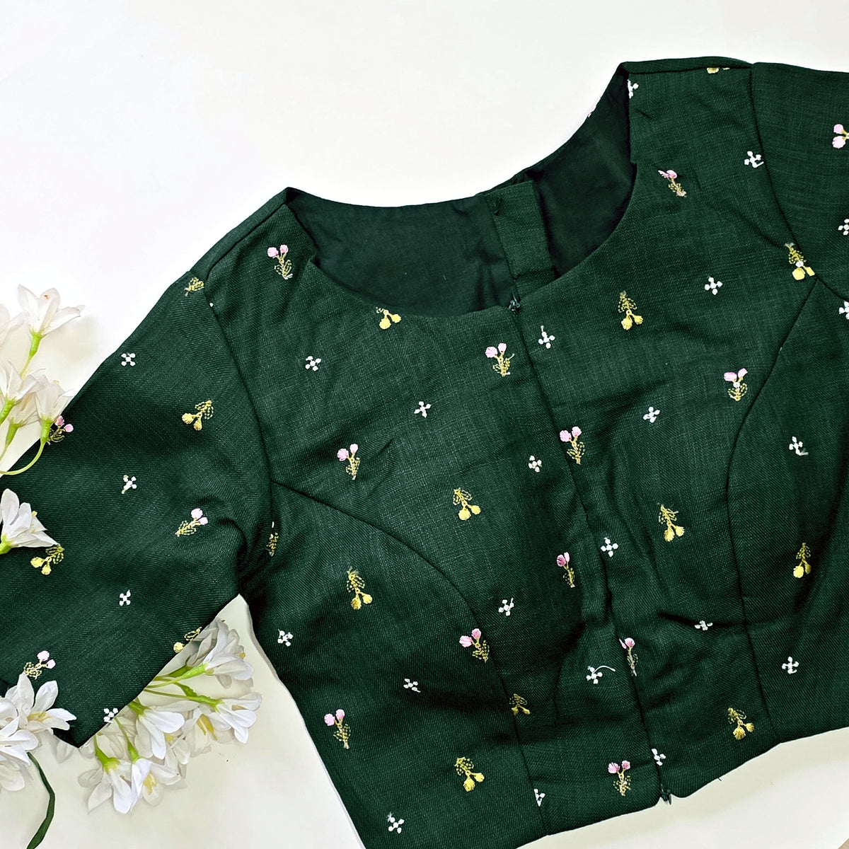 Bottle Green Linen Cotton Embroidered Blouse