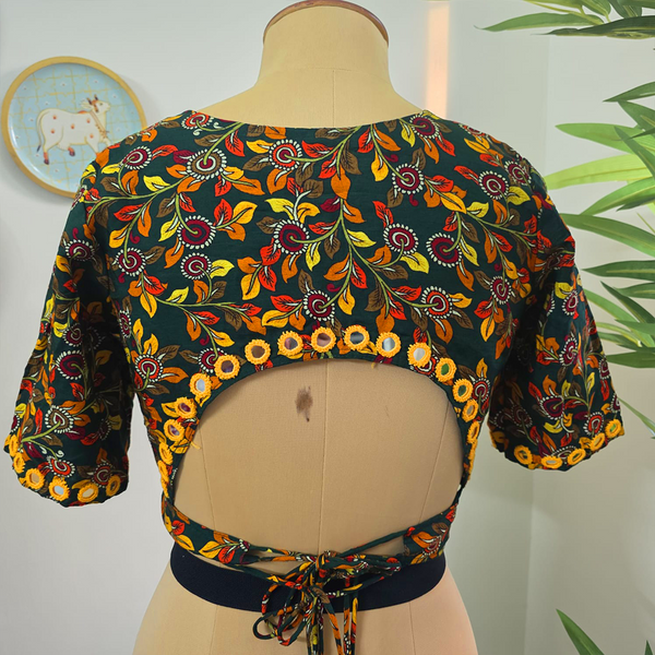 Bottle Green Floral Self Adjustable Blouse with Sleeves