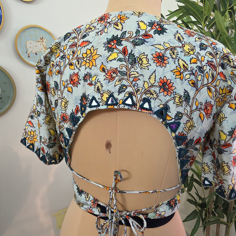 Off White Floral Self Adjustable Blouse with Sleeves