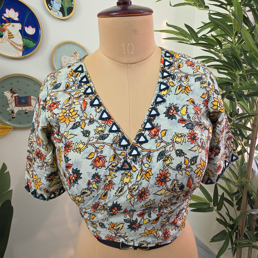 Off White Floral Self Adjustable Blouse with Sleeves