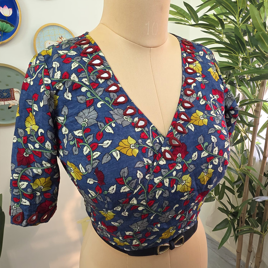 Grey Floral Self Adjustable Blouse with Sleeves